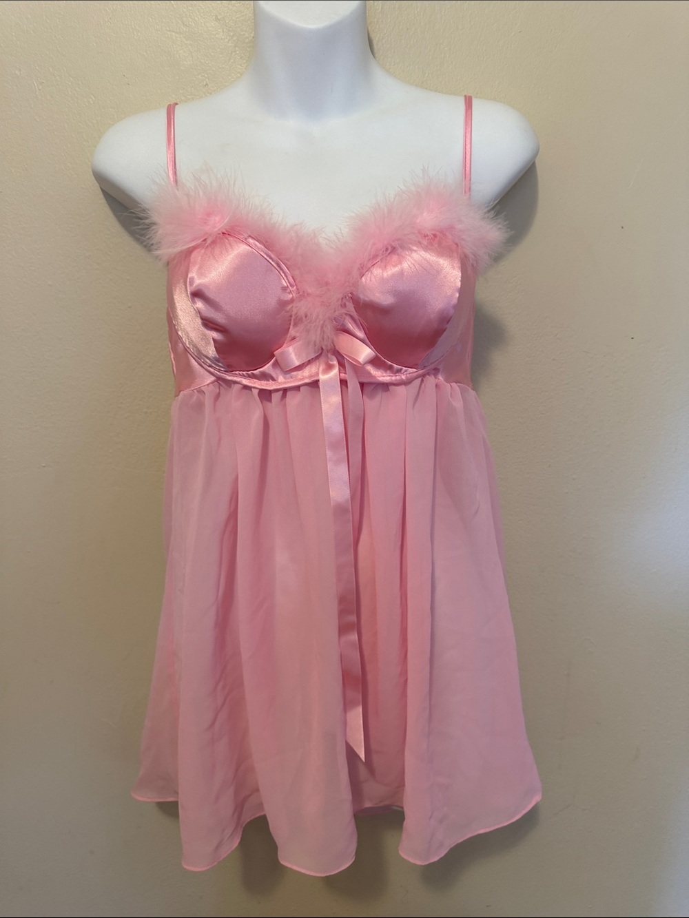 Satin & Chiffon Marabou-Trim Pink Babydoll Chemise